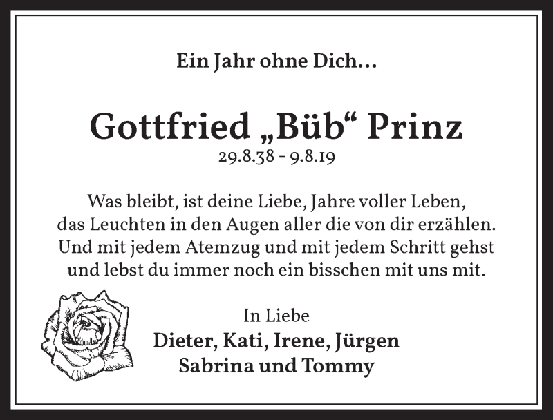  Traueranzeige für Gottfried Prinz vom 07.08.2020 aus  Werbepost 