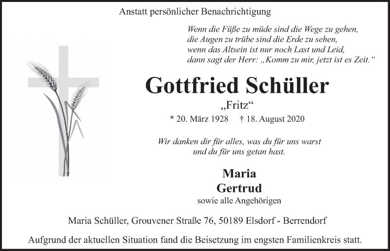  Traueranzeige für Gottfried Schüller vom 28.08.2020 aus  Werbepost 
