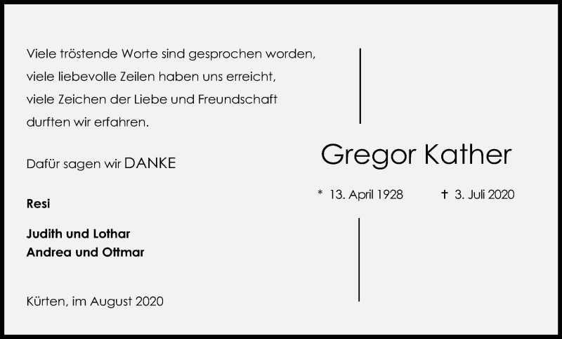  Traueranzeige für Gregor Kather vom 29.08.2020 aus Kölner Stadt-Anzeiger / Kölnische Rundschau / Express