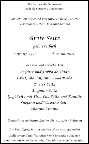 Anzeige von Grete Seitz von Kölner Stadt-Anzeiger / Kölnische Rundschau / Express