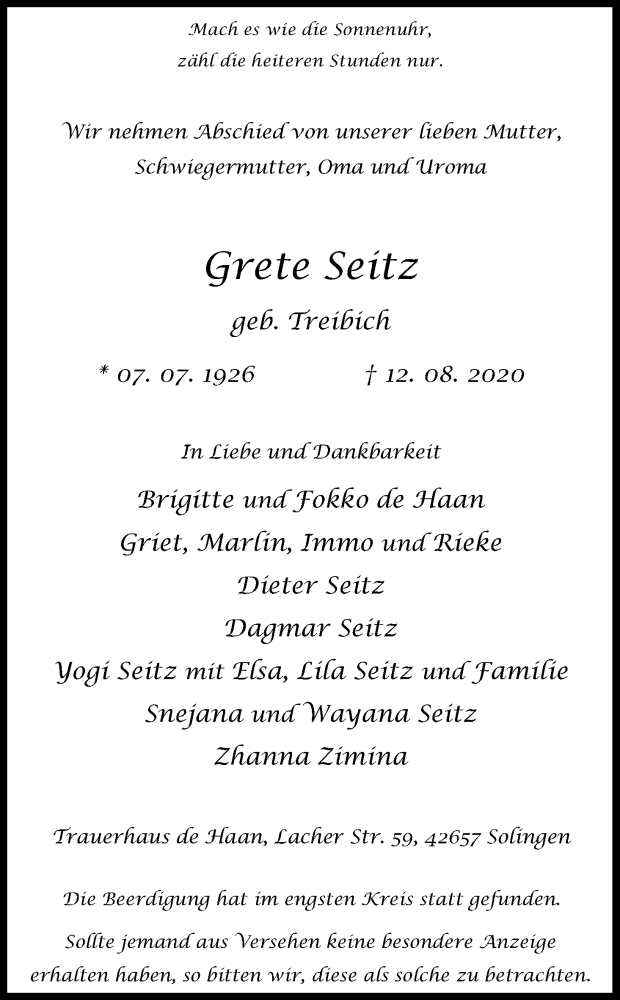  Traueranzeige für Grete Seitz vom 29.08.2020 aus Kölner Stadt-Anzeiger / Kölnische Rundschau / Express
