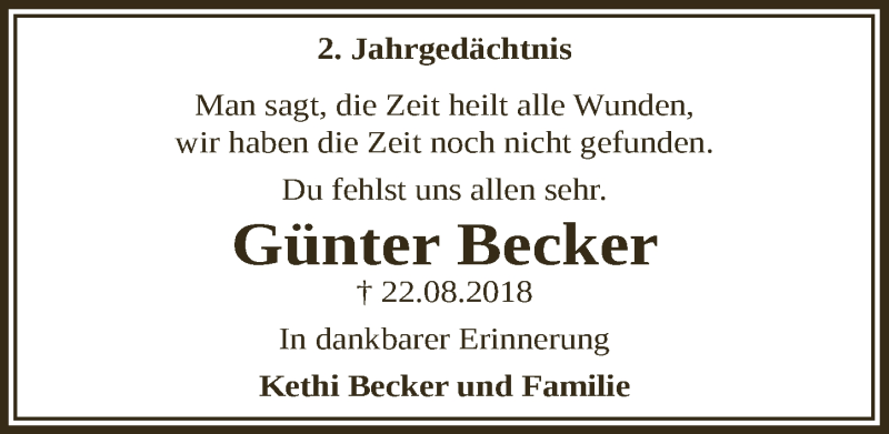  Traueranzeige für Günter Becker vom 28.08.2020 aus  Lokale Informationen 