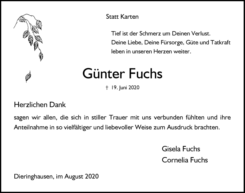  Traueranzeige für Günter Fuchs vom 14.08.2020 aus  Anzeigen Echo 