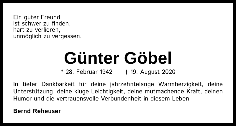  Traueranzeige für Günter Göbel vom 29.08.2020 aus Kölner Stadt-Anzeiger / Kölnische Rundschau / Express