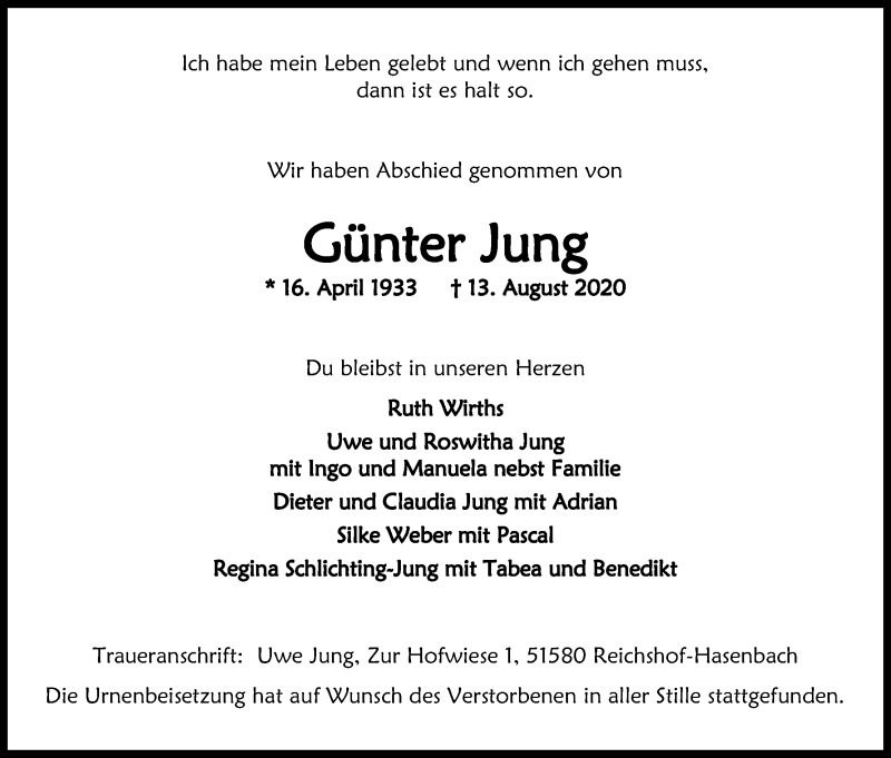  Traueranzeige für Günter Jung vom 22.08.2020 aus Kölner Stadt-Anzeiger / Kölnische Rundschau / Express