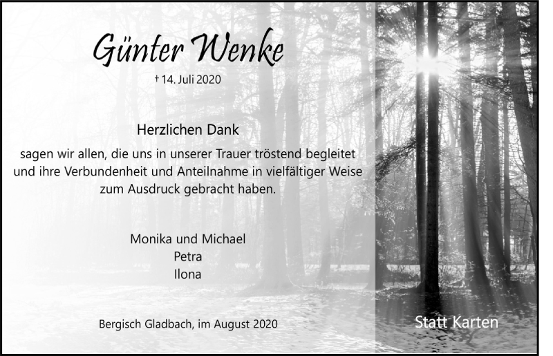  Traueranzeige für Günter Wenke vom 28.08.2020 aus  Bergisches Handelsblatt 