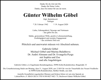 Anzeige von GünterWilhelm Göbel von Kölner Stadt-Anzeiger / Kölnische Rundschau / Express