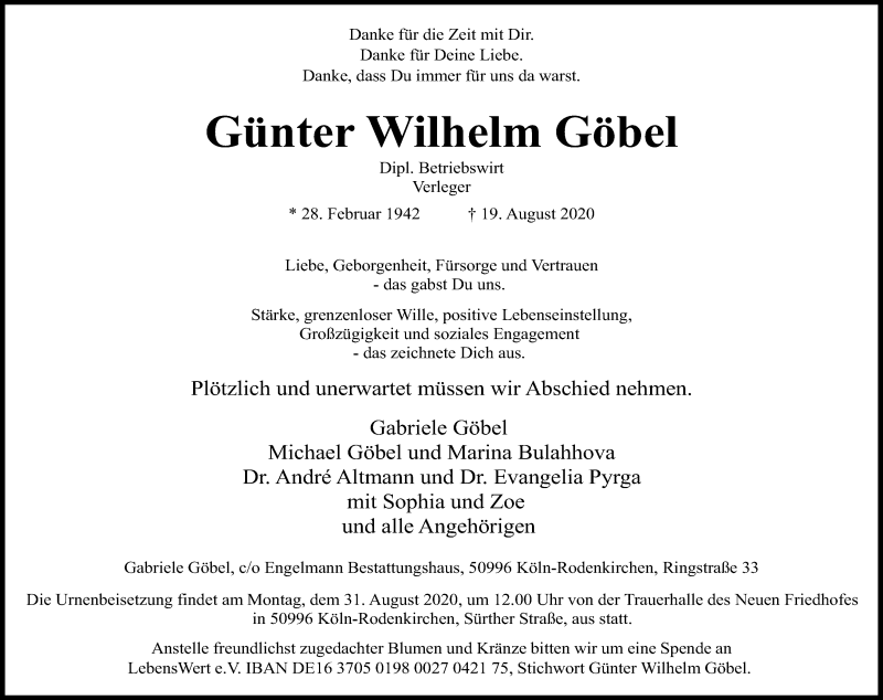  Traueranzeige für GünterWilhelm Göbel vom 29.08.2020 aus Kölner Stadt-Anzeiger / Kölnische Rundschau / Express