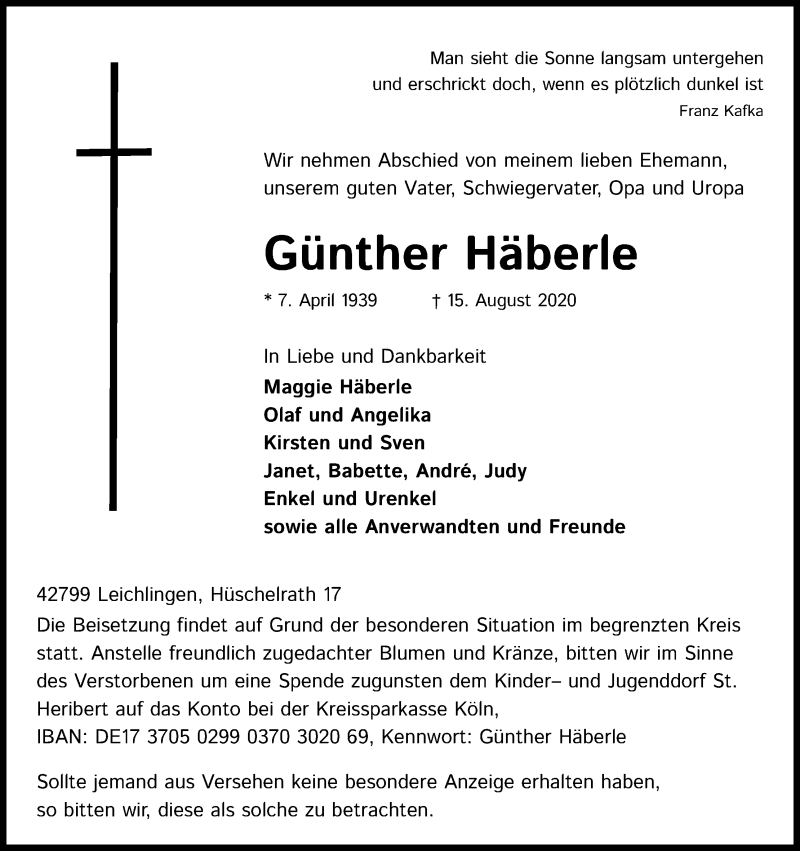  Traueranzeige für Günther Häberle vom 22.08.2020 aus Kölner Stadt-Anzeiger / Kölnische Rundschau / Express