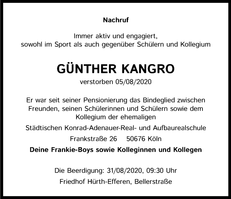  Traueranzeige für Günther Kangro vom 29.08.2020 aus Kölner Stadt-Anzeiger / Kölnische Rundschau / Express