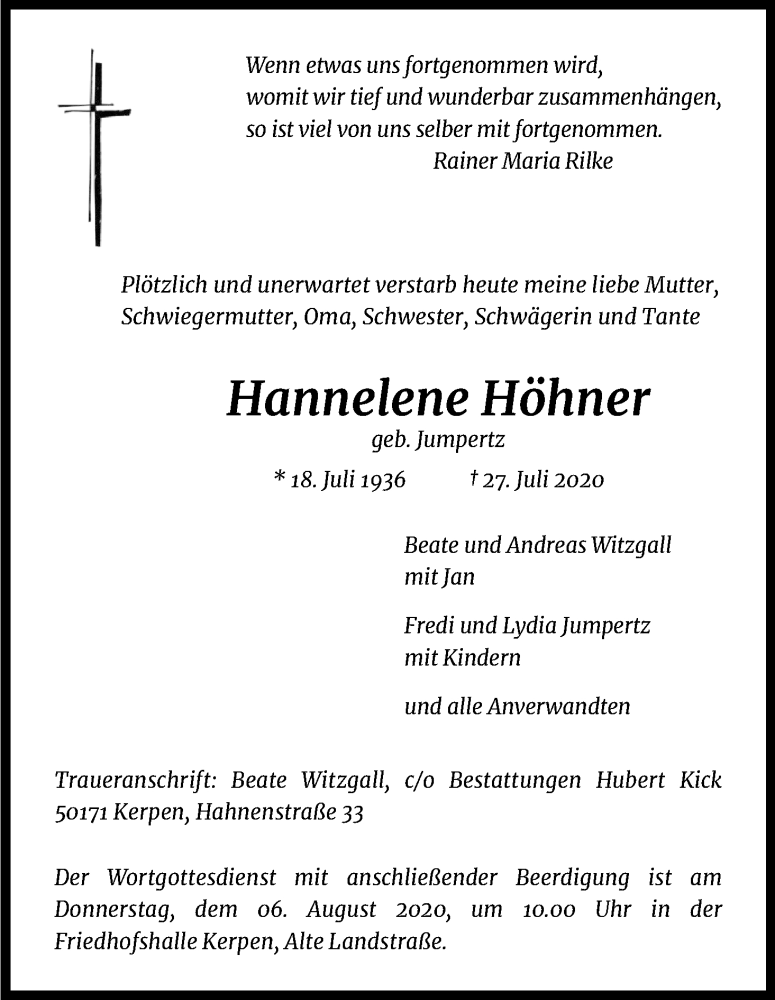  Traueranzeige für Hannelene Höhner vom 01.08.2020 aus Kölner Stadt-Anzeiger / Kölnische Rundschau / Express