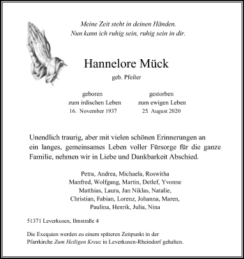 Anzeige von Hannelore Mück von Kölner Stadt-Anzeiger / Kölnische Rundschau / Express