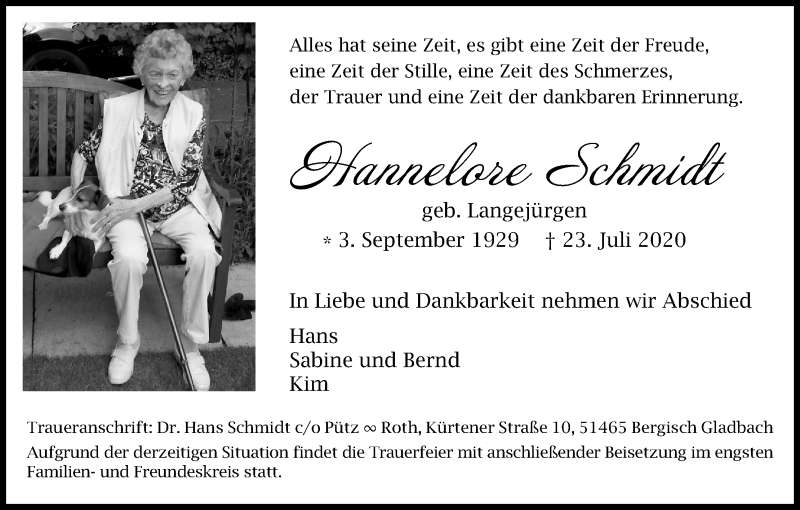  Traueranzeige für Hannelore Schmidt vom 22.08.2020 aus Kölner Stadt-Anzeiger / Kölnische Rundschau / Express