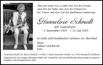 Anzeige von Hannelore Schmidt von Kölner Stadt-Anzeiger / Kölnische Rundschau / Express