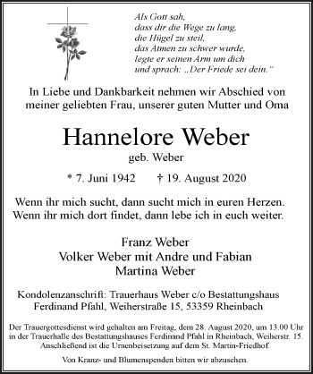 Anzeige von Hannelore Weber von  Schaufenster/Blickpunkt 