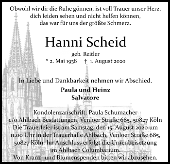 Anzeige von Hanni Scheid von Kölner Stadt-Anzeiger / Kölnische Rundschau / Express