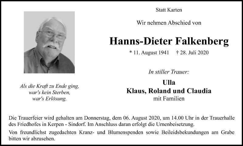  Traueranzeige für Hanns-Dieter Falkenberg vom 01.08.2020 aus Kölner Stadt-Anzeiger / Kölnische Rundschau / Express