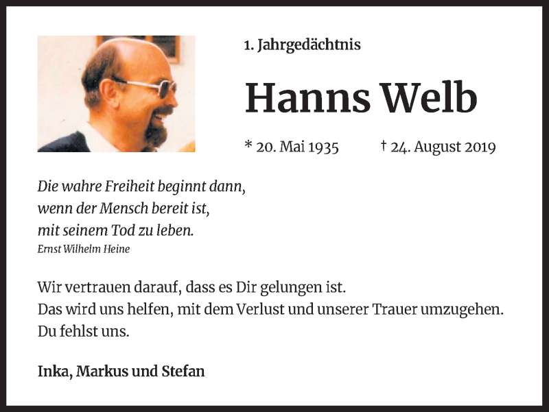  Traueranzeige für Hanns Welb vom 22.08.2020 aus Kölner Stadt-Anzeiger / Kölnische Rundschau / Express