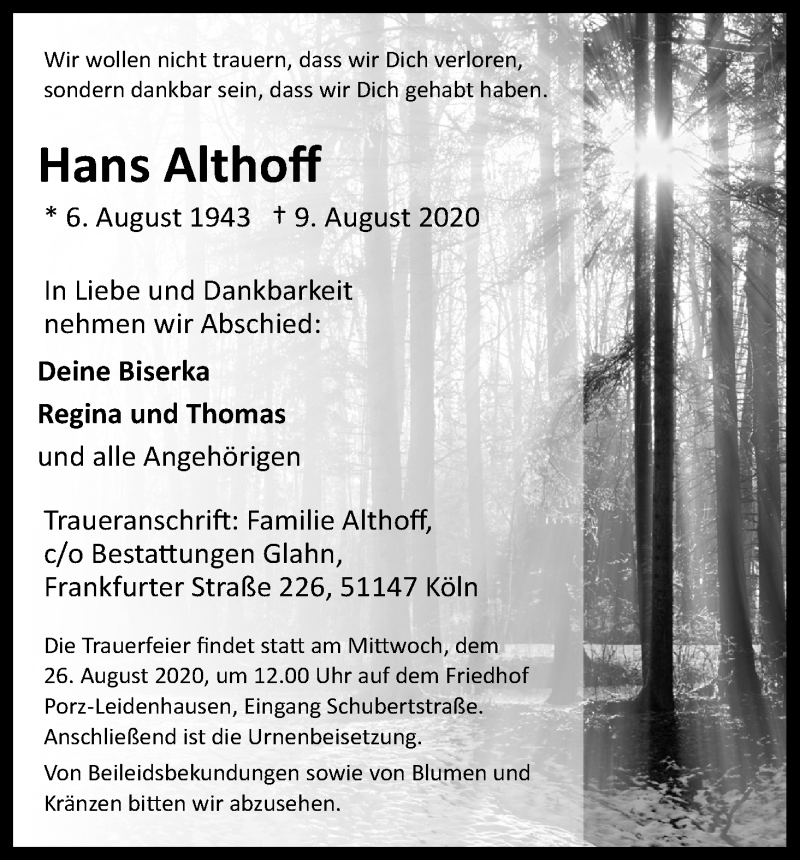  Traueranzeige für Hans Althoff vom 12.08.2020 aus Kölner Stadt-Anzeiger / Kölnische Rundschau / Express