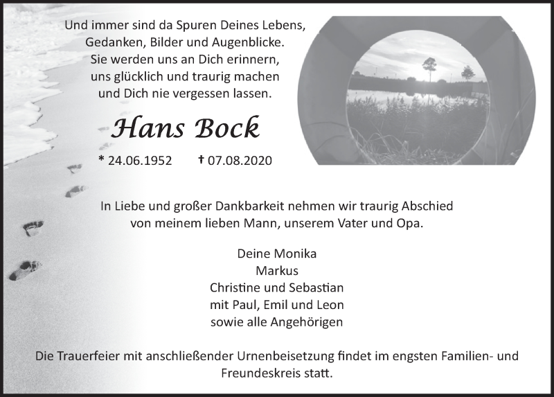 Traueranzeige für Hans Bock vom 29.08.2020 aus  Blickpunkt Euskirchen 