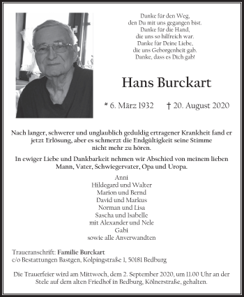 Anzeige von Hans Burckart von  Werbepost 