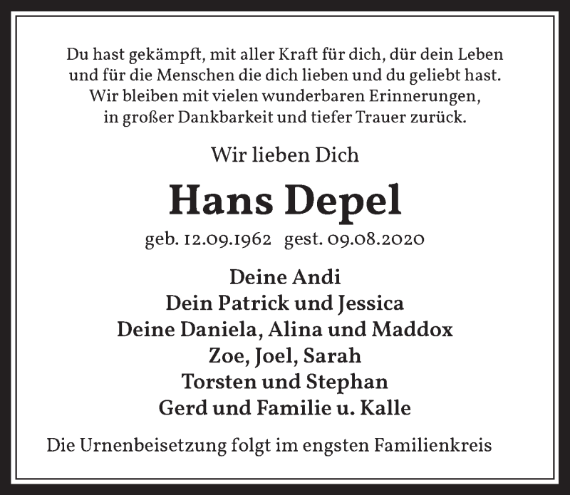  Traueranzeige für Hans Depel vom 21.08.2020 aus  Wochenende 