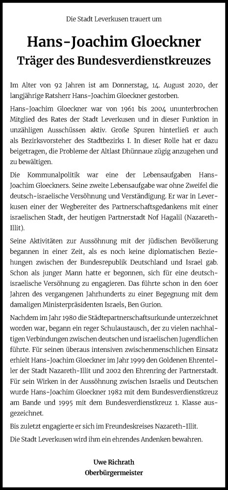  Traueranzeige für Hans-Joachim Gloeckner vom 22.08.2020 aus Kölner Stadt-Anzeiger / Kölnische Rundschau / Express