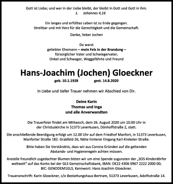 Anzeige von Hans-Joachim Gloeckner von Kölner Stadt-Anzeiger / Kölnische Rundschau / Express