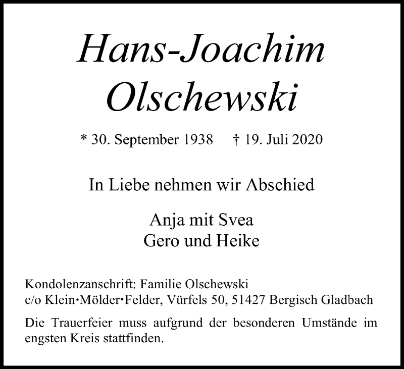  Traueranzeige für Hans-Joachim Olschewski vom 01.08.2020 aus Kölner Stadt-Anzeiger / Kölnische Rundschau / Express