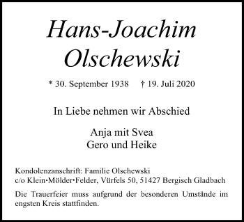 Anzeige von Hans-Joachim Olschewski von Kölner Stadt-Anzeiger / Kölnische Rundschau / Express