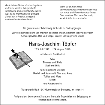 Anzeige von Hans-Joachim Töpfer von  Anzeigen Echo 