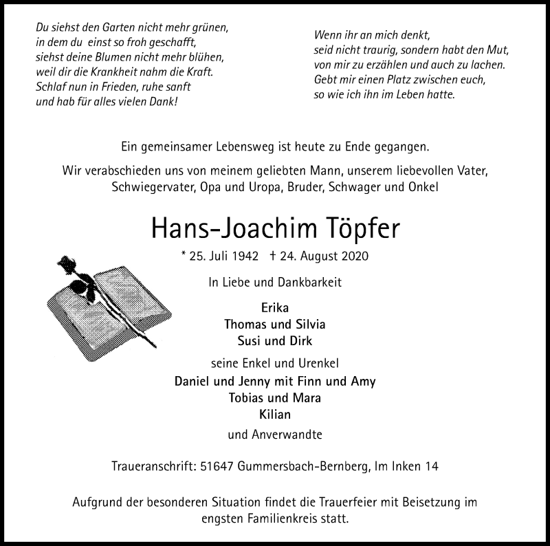  Traueranzeige für Hans-Joachim Töpfer vom 29.08.2020 aus Kölner Stadt-Anzeiger / Kölnische Rundschau / Express