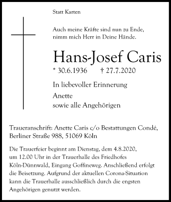 Anzeige von Hans-Josef Caris von Kölner Stadt-Anzeiger / Kölnische Rundschau / Express