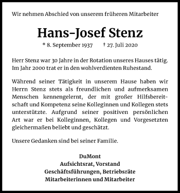 Anzeige von Hans-Josef Stenz von Kölner Stadt-Anzeiger / Kölnische Rundschau / Express