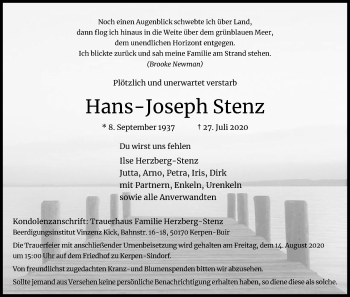Anzeige von Hans-Joseph Stenz von Kölner Stadt-Anzeiger / Kölnische Rundschau / Express