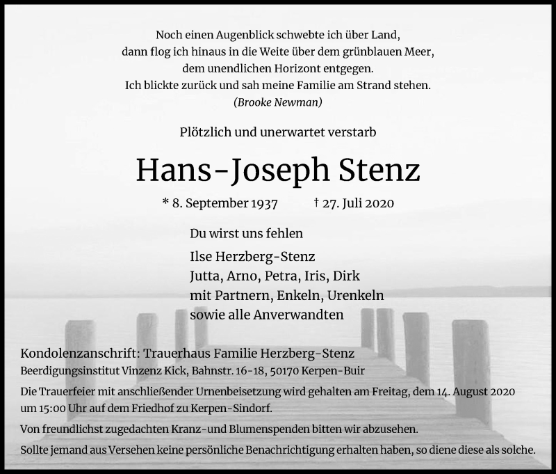  Traueranzeige für Hans-Joseph Stenz vom 08.08.2020 aus Kölner Stadt-Anzeiger / Kölnische Rundschau / Express