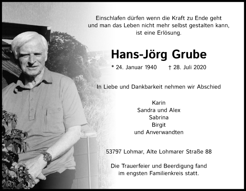  Traueranzeige für Hans-Jörg Grube vom 05.08.2020 aus Kölner Stadt-Anzeiger / Kölnische Rundschau / Express