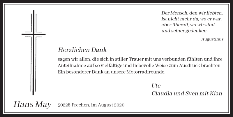  Traueranzeige für Hans May vom 28.08.2020 aus  Wochenende 