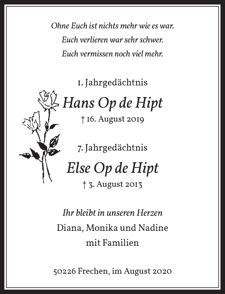 Traueranzeige für Hans  Op de Hipt vom 14.08.2020 aus  Wochenende 