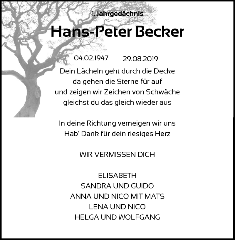  Traueranzeige für Hans-Peter Becker vom 18.07.2023 aus Kölner Stadt-Anzeiger / Kölnische Rundschau / Express