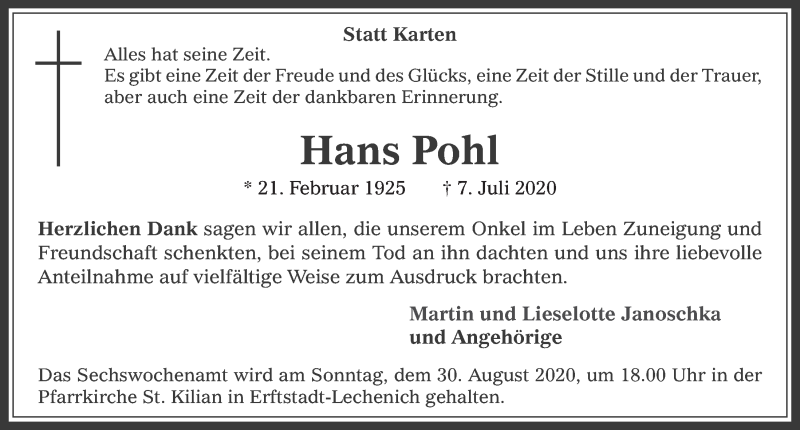  Traueranzeige für Hans Pohl vom 14.08.2020 aus  Werbepost 
