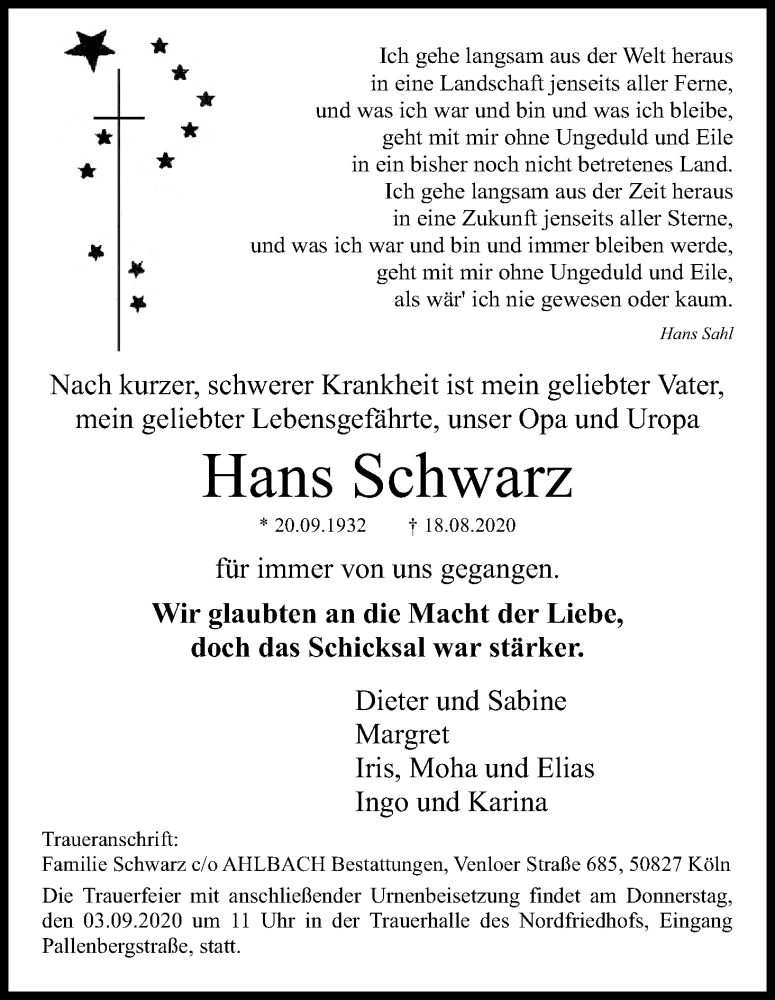  Traueranzeige für Hans Schwarz vom 29.08.2020 aus Kölner Stadt-Anzeiger / Kölnische Rundschau / Express