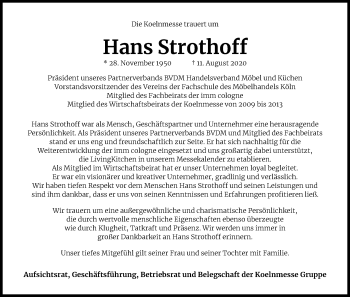 Anzeige von Hans Strothoff von Kölner Stadt-Anzeiger / Kölnische Rundschau / Express