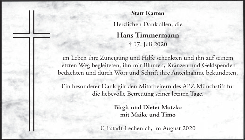  Traueranzeige für Hans Timmermann vom 28.08.2020 aus  Werbepost 