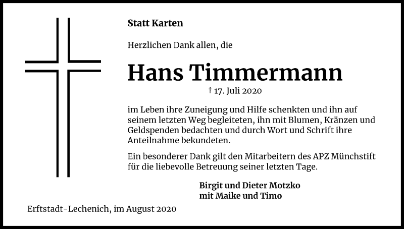  Traueranzeige für Hans Timmermann vom 29.08.2020 aus Kölner Stadt-Anzeiger / Kölnische Rundschau / Express