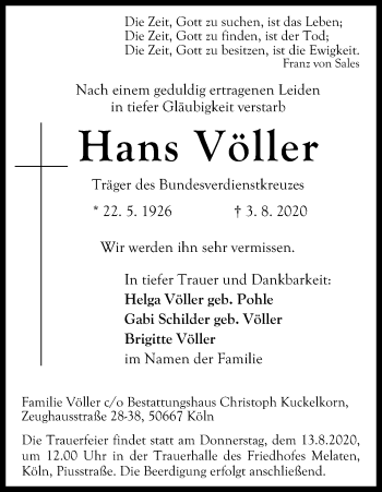 Anzeige von Hans Völler von Kölner Stadt-Anzeiger / Kölnische Rundschau / Express