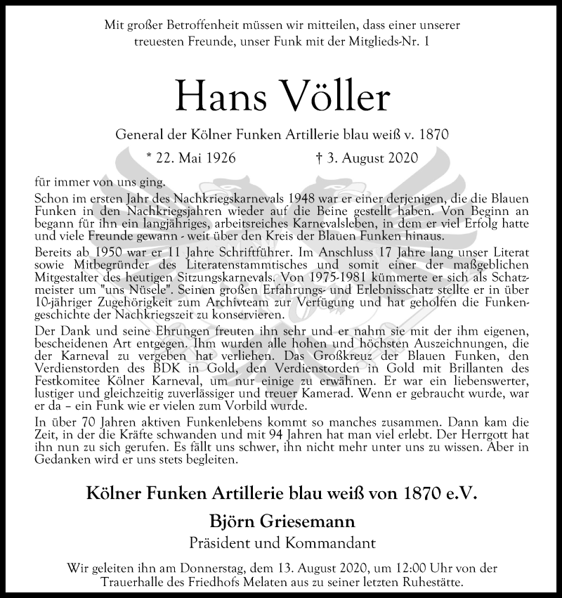 Traueranzeige für Hans Völler vom 08.08.2020 aus Kölner Stadt-Anzeiger / Kölnische Rundschau / Express