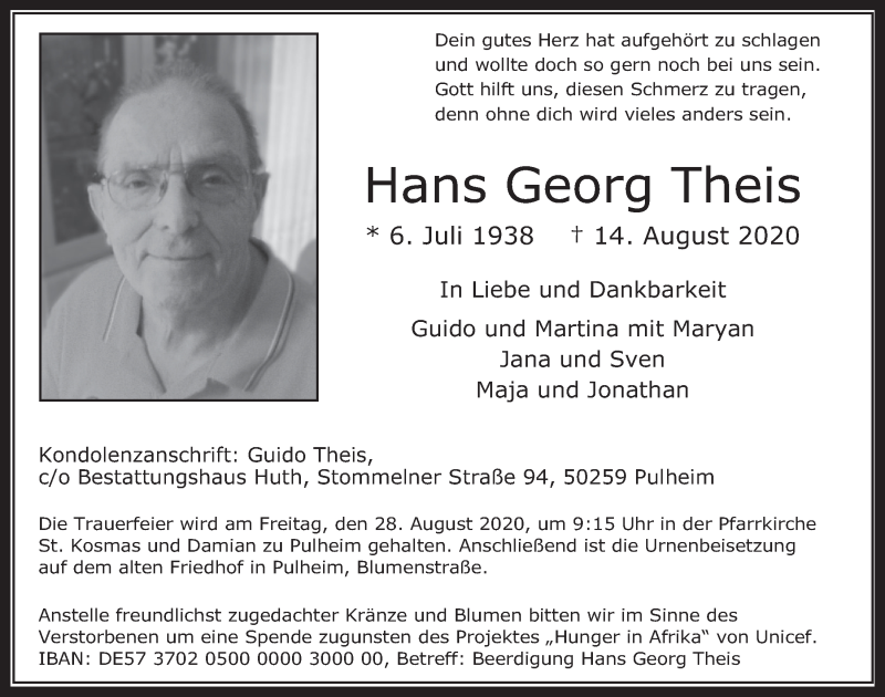  Traueranzeige für Hans Georg Theis vom 21.08.2020 aus  Wochenende 