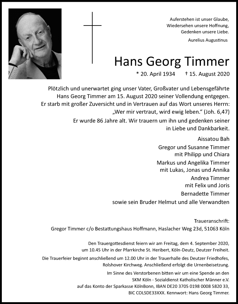  Traueranzeige für Hans Georg Timmer vom 22.08.2020 aus Kölner Stadt-Anzeiger / Kölnische Rundschau / Express