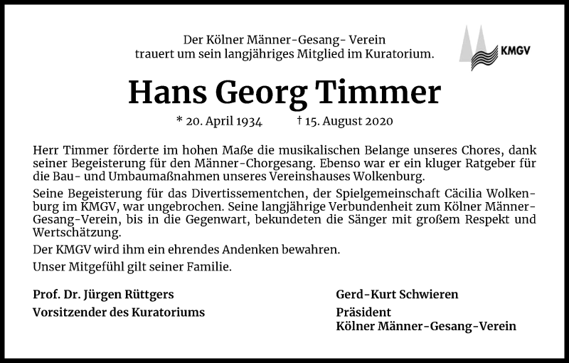  Traueranzeige für Hans Georg Timmer vom 29.08.2020 aus Kölner Stadt-Anzeiger / Kölnische Rundschau / Express